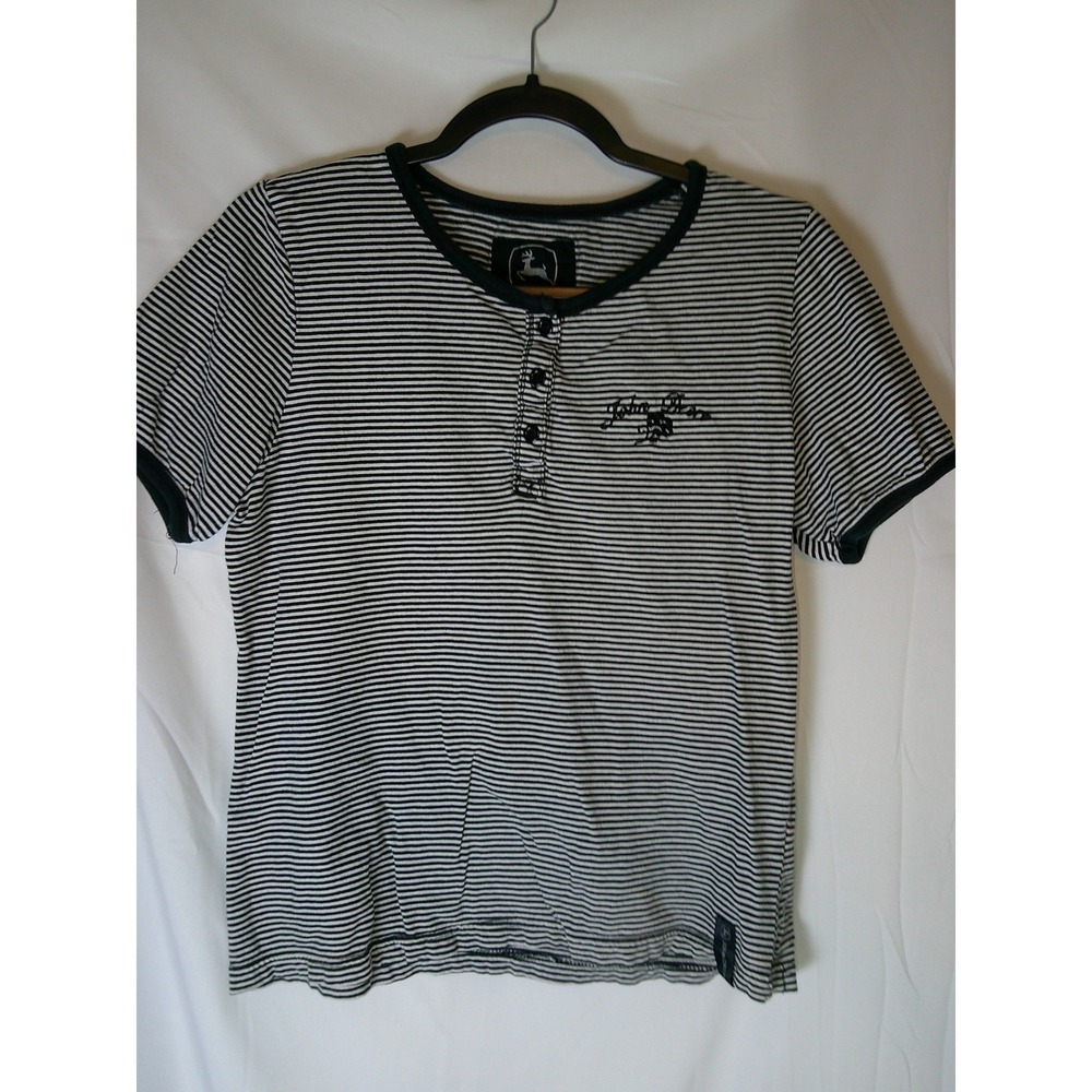 John Deere Womens Med M 8/10 Henley Top Striped Short Sleeve Black White Cotton